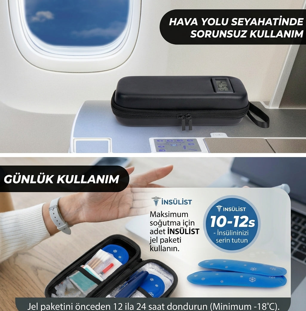 Derece göstergeli insülün ve iğne taşıma çantası